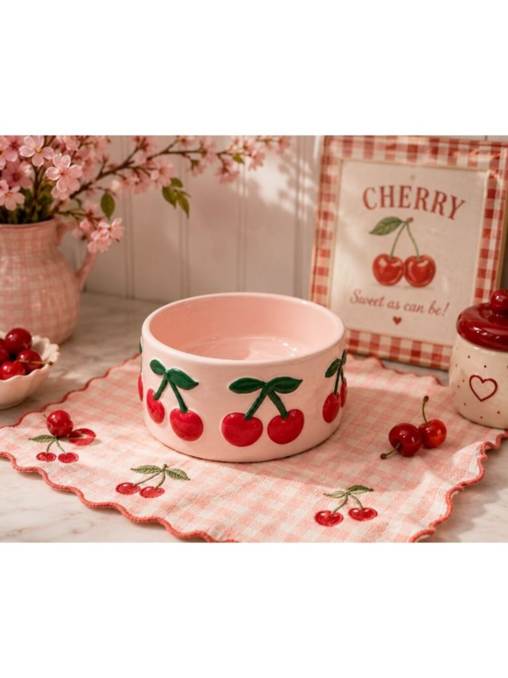 New Ceramic Pet Pink Cherry Food Water Dish Cat Small Dog Pedestal Bowl